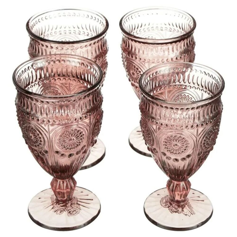 Pioneer Woman Adeline Footed Glass Goblet Set 4pc Embossed Design Plum 12oz New